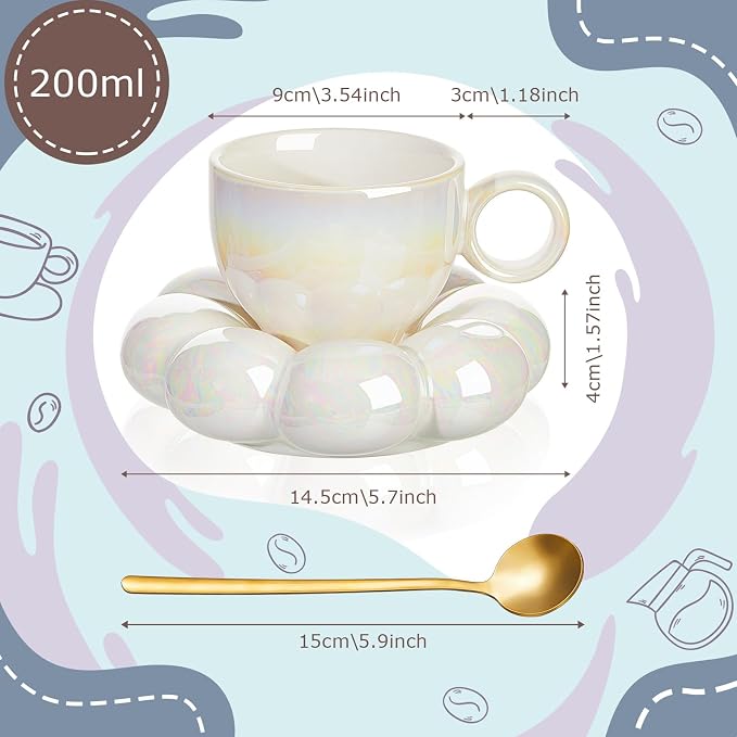 Tessco 2 Pieces Ceramic Coffee Cloud Mug Cup with Saucer, 7oz Cute Ceramic Mug with Coaster Set for Women Gift Home Office Tea Latte Milk Holiday, Pink and Pearl White(Sunflower)