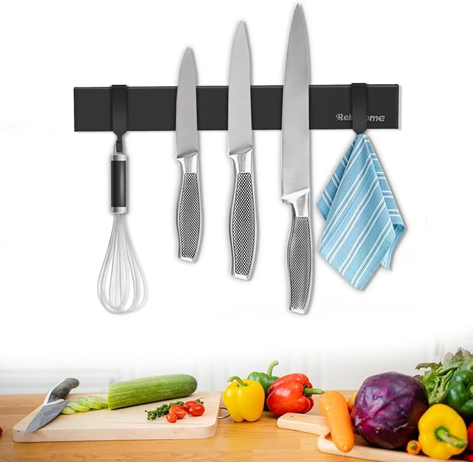 Magnetic Knife Holder for Wall, 10 Inch black Magnetic Knife Strip no Drilling with 2 Hooks, Stainless Steel Magnet Knife Holder, Powerful Magnetic Knife Rack for Knives, Utensils and Tools