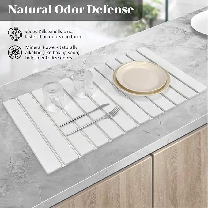 Large Stone Dish Drying Mats for Kitchen Counter, 28"(L)×16"(W), Fast Drying Collapsible Dish Drying Mat, Eco-Friendly Absorbent Diatomaceous Earth Mats for Dishes Cups, Match Any Countertop