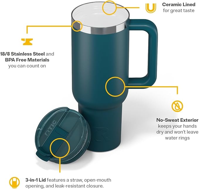 RTIC 40 oz Road Trip Tumbler Double-Walled Cermaic Lined Insulated Stainless Steel Portable Travel Coffee Mug Cup with Lid, Handle and Straw, Marine