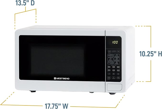 West Bend 0.7 Cu. Ft. Countertop Microwave Oven, 700W with 6 Pre-Programmed Cooking Settings, Speed Defrost, Electronic Control Panel, Rotating Glass Turntable, Add 30 Seconds Button, White