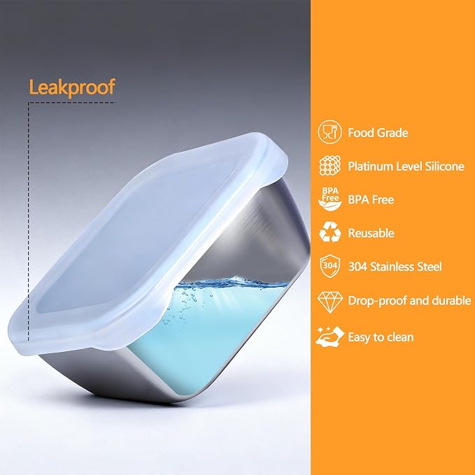 3 Pack 13.53 oz (400 ml) 304 Stainless Steel Snack Container – Leak-Proof, Grill & Oven Safe, Freezer & Dishwasher Safe, BPA-Free Silicone Lid, for Snacks, BBQ, Lunch, Camping, Baking