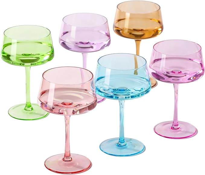comfit Colored Martini Glasses Set of 6, 13 oz large Coupe Glass, Premium Crystal Cocktail Glasses, Martini Glasses,Champagne Glasses, Handblown Drinkware Set-Wedding,Birthday Gifts