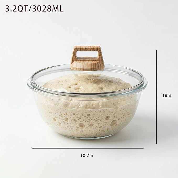 3.2 QT Glass Sourdough Bread Proofing Bowl with Lid, Large Dough Rising Bowl for Bread Baking,Clear Mixing Bowl with Cover, Kitchen Fermentation Container for Starter, Storage & Gift(1, 3.2 Quart)