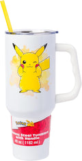 Silver Buffalo Pokémon Featuring Pikachu Double Walled Stainless Steel Tumbler with Handle, Fits in Standard Cup Holder, 40 Ounces