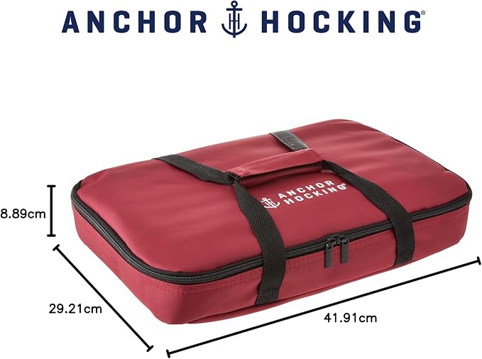 Anchor Hocking Glass Baking Dishes for Oven with Casserole Carrier, 4 Piece Set (3 Quart Glass Baking Dish, Red Lid, Red Thermal Carrier, and Hot/Cold Pack)