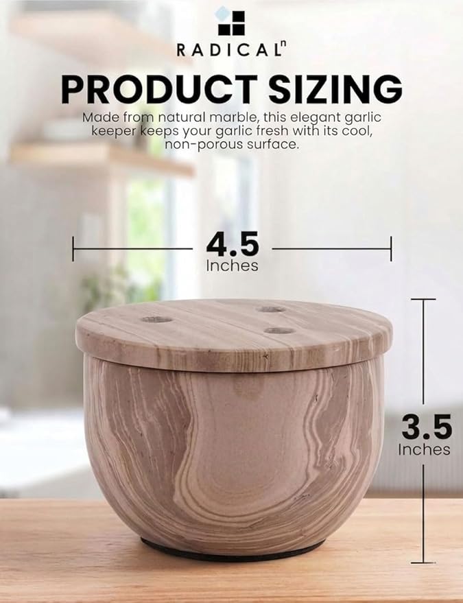 Radicaln Marble Garlic Keeper With Lid 4.5 Inch Natural Brown Handmade Garlic Storage and Garlics Container For Kitchen, Keep Fresh Garlic Cloves, Ideal Garlic Keeper for Counter