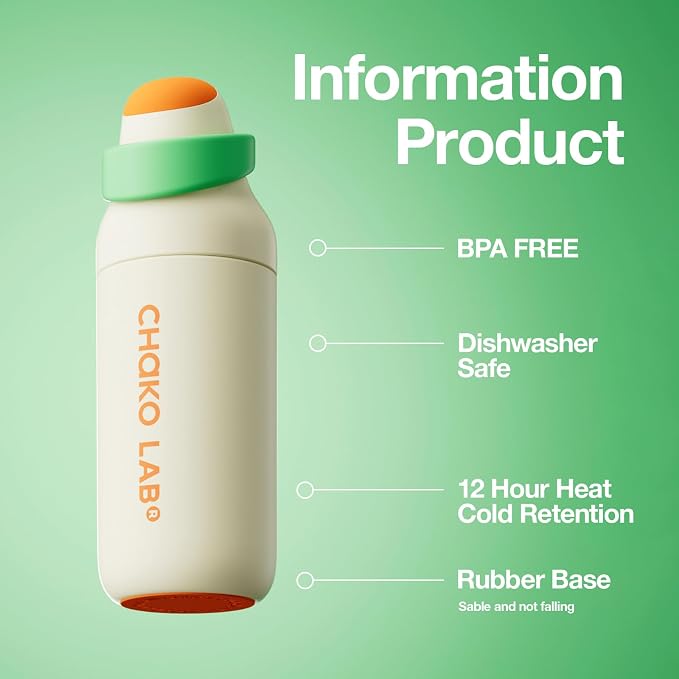 CHAKO LAB Insulated Stainless Steel Water Bottle, BPA-Free Sports Water Bottle,Spout and Straw,Leak Proof Locking Lid,Designed for Travel, School, and Sport,BPA Free,18 oz,Coconut