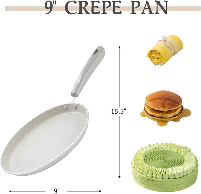 9 Inch Crepe Pans with Spreader & Spatula, Nonstick Granite Coating Dosa Pan, Aluminum Alloy Pancake Flat Skillet Tawa Griddle, with Stay-Cool Handle, Induction Compatible Bottom