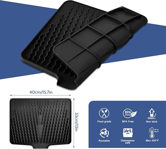 Silicone Dish Drying Mat for Kitchen Counter 15.8" x 13", Heat-resistant Dish Dryer Mat with Built-in Drain Lip ,Drain Pad Protects Surfaces Prevents Water Build UP (Black -1pcs)