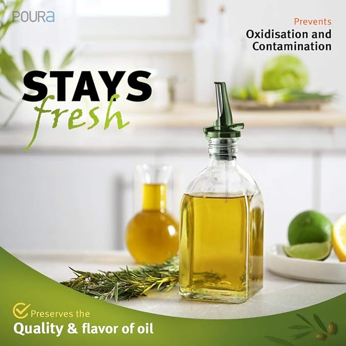 Olive Oil Spout for Olive Oil Dispenser - UK Patented Oil Pourer - Mid Flow Shut Off for Accurate Measurement - One Handed Open & Close Cap Keeps Oil Fresh and Prevents Oxidization - Green 6 Pack