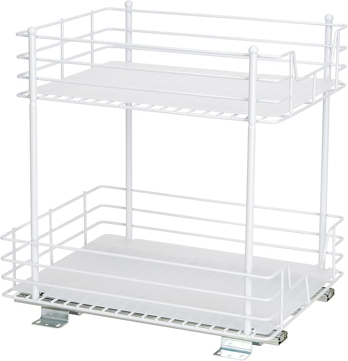 Household Essentials Glidez Steel Pull-Out/Slide-Out Storage Organizer with Plastic Liners for Under Cabinet or Wire Shelf Use - 2 -Tier Design, White