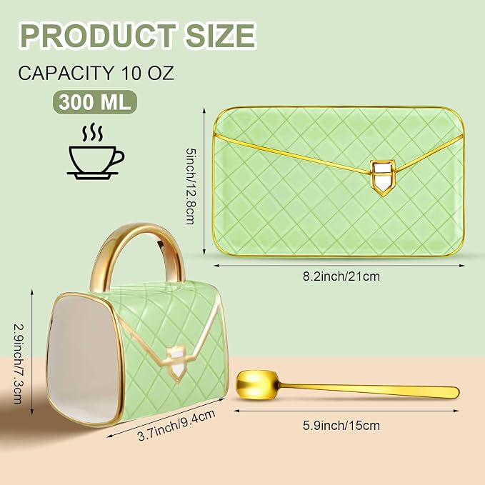 Zubebe 1 Set Coffee Mug Elegant Handbag Shaped Cup Modern Ceramic Purse Mug with Spoon and Saucer, 10oz Cute Creative Tea Cup for Woman Girls Gift (Light Green)