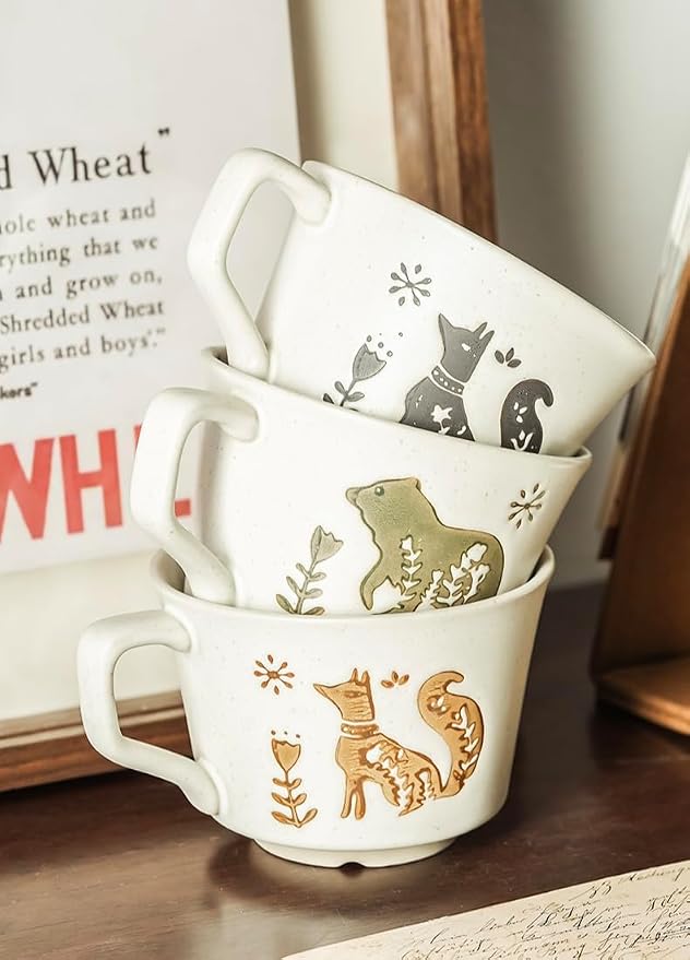12OZ Stackable Coffee Mugs,Vintage Ceramic Coffee Mugs With Animal patterns for Man,Woman,Dad,Mom, Modern Coffee Mugs Set of 4 for Latte,Cappuccino,Cocoa. Dishwasher&Microwave Safe