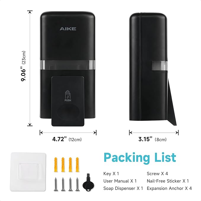 AIKE Wall Mount Liquid Soap Dispenser, 27oz Large Capacity with Extended Pump for Commercial Bathrooms,AK1008(Black)