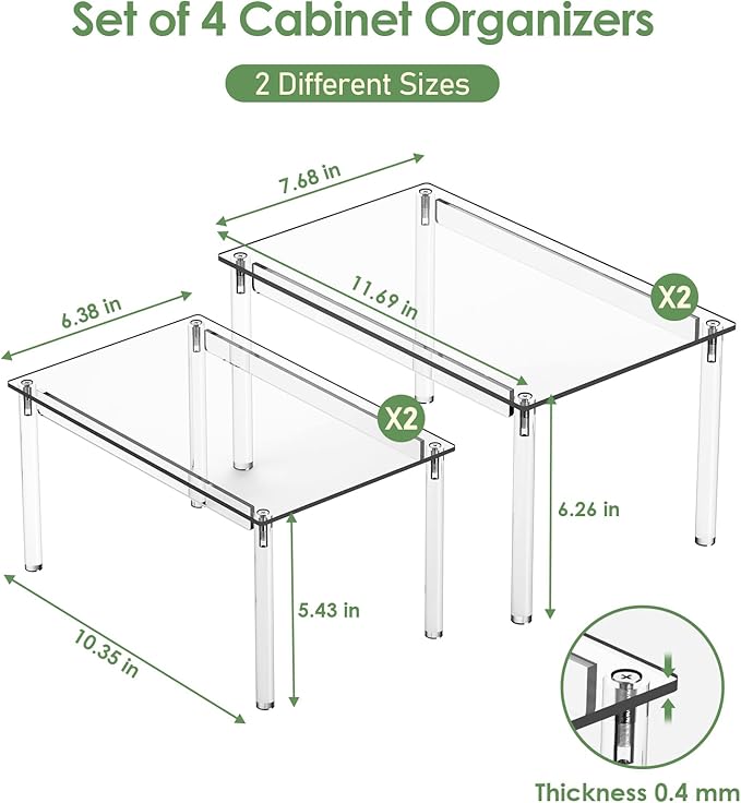 Delamu 2-Tier Clear Stackable Under Sink Organizers 2 Sets & Set of 4 Acrylic Shelf Riser, Cabinet Organizer Shelf for Kitchen