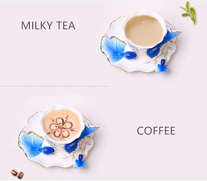 ZaH 3D Goldfish Coffee Mugs Animal Rainbow Ceramic Mug Milk Teacup Afternoon Tea Cup and Saucer Set with Spoon, Dark Blue