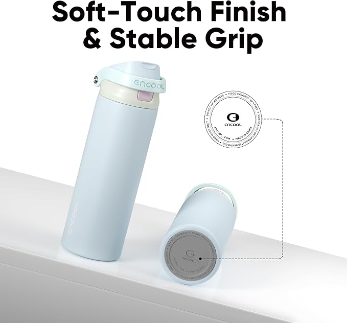 ENCOOL Leakproof Insulated Water Bottle with Straw Dual-Sip Water Bottle Bag-Safe Design for Work, Commute & Gym – Keeps Drinks Cold All Day, 24 oz, Powder Blue