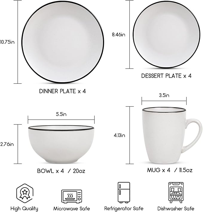Homlouue 16 Pieces Stoneware Dinnerware Set, Speckled Ceramic Plates and Bowls Mugs Sets Service for 4, Ceramic Dishes Set, Microwave and Dishwasher Safe(White with Black Rim)