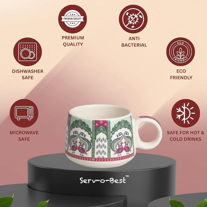 Servo Best Handmade Cermaic Tea Cup Set of 4-5 Oz Small Cups for Espresso, Cappuccino, Tea, Chai – Dishwasher & Microwave Safe – Gift Set for Coffee Lovers, Kitchen, Home, Office - Peacock Design