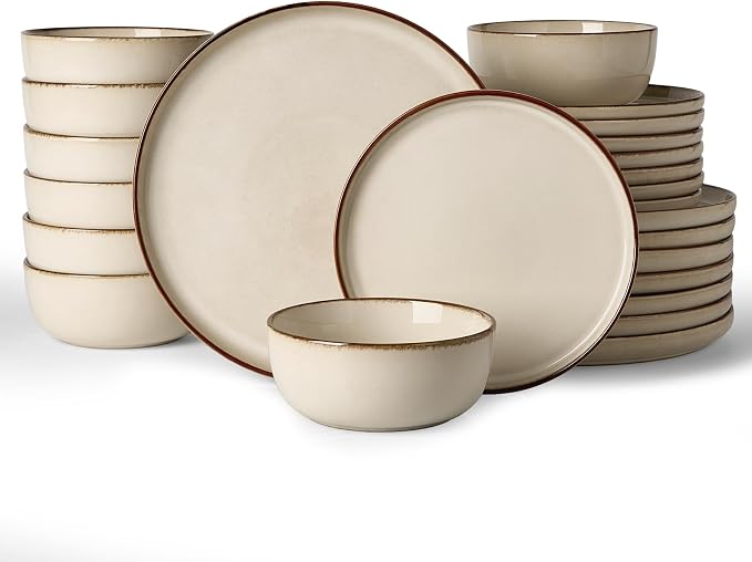 Famiware Milkyway Stoneware Dinnerware Set, 24-Piece, Double Reactive Glaze, Plates and Bowls, Service for 8, Microwave and Dishwasher Safe, Scratch-Resistant, Light khaki