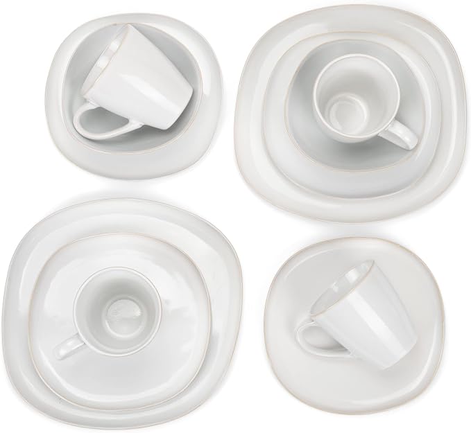 Elanze Designs 16-Piece Modern Luxury Chic Smooth Vintage Handmade Shape High Gloss Ceramic Stoneware Square Plate Mug & Bowl Kitchen Dinnerware 16 Piece Set - Service for 4, White