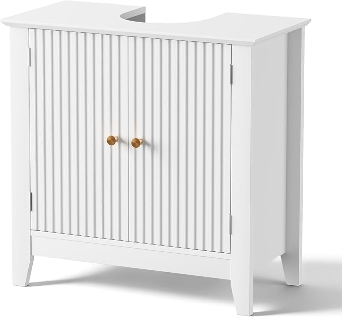 Under Sink Bathroom Cabinet with U-Shape Cutout for Pedestal Sink, Storage Cabinet with 2 Doors, Adjustable Shelf, Freestanding Floor Cabinet, Space-Saving Organizer for Bathroom (White)
