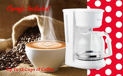 Betty Crocker 12-Cup Drip Coffee Maker with Heat Resistant Glass Carafe, Removable Permanent Nylon Filter, Pause & Pour, Water Level Gauge, Non-Stick Warming Plate, BC-5729W, White