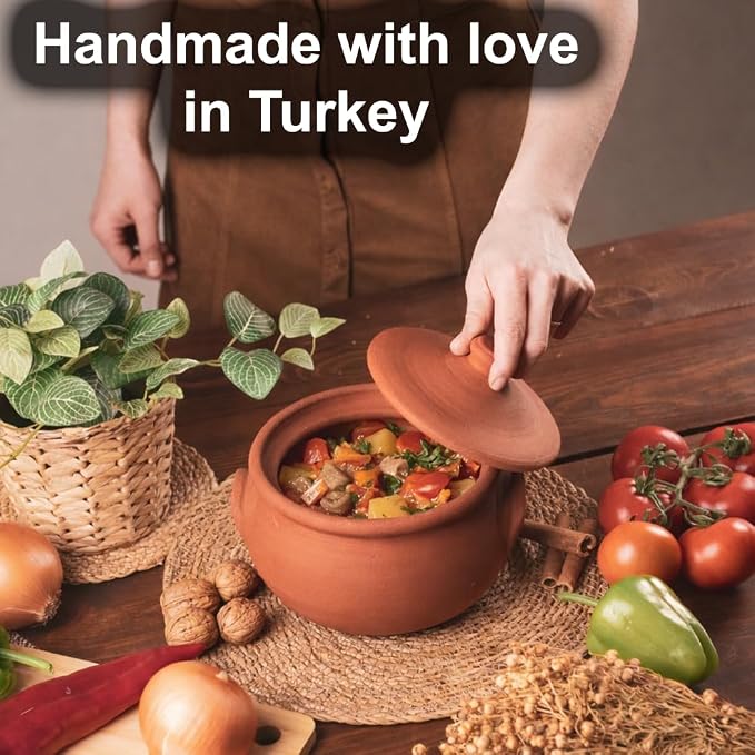 Earthenware Clay Mud Eathern Terracotta Cooking Pot Pottery Cazuela Cookware with Lid Natural Stovetop Stove Top Stone Stew Rice Unglazed Mexican Indian Kitchen Oven Terra Cotta Handcrafted Traditional Healthy (2.1 Quarts - Size3)