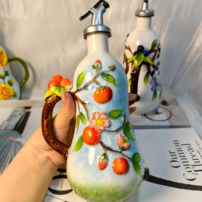 18.26oz/540ml Ceramic Olive Oil Dispenser Bottle,Hand Painted Reliefs Oil Dispenser for Kitchen,Oil Bottles for Kitchen (Persimmon)