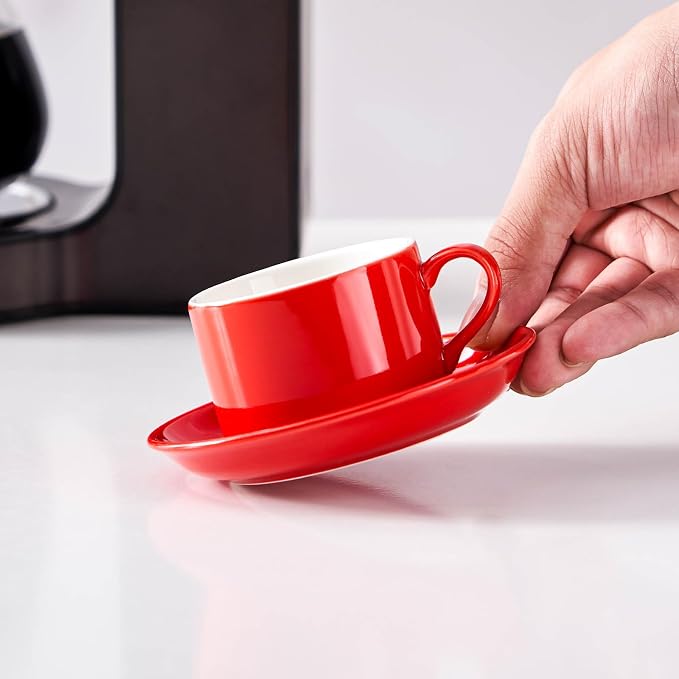 Espresso Cups Set of 4, 4oz Stackable Coffee Cups with Saucers and Metal Stand, Red Demitasse Cups, Expresso Shots Cup Set