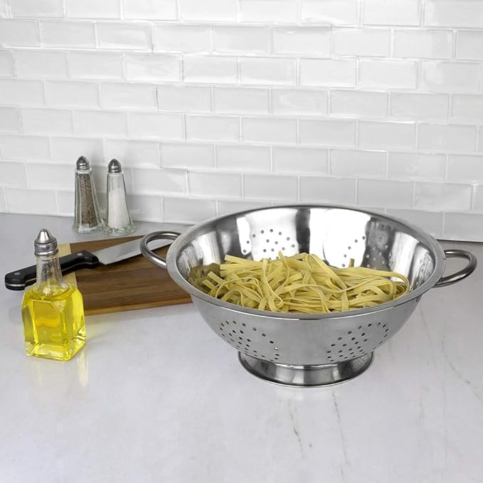 Metal Colander With Stainless Steel Finish By Home Basics, 5 QT | Medium Colander | With Easy-Grip Handles | Strainers and Colanders Perfect For Pasta and Veggies