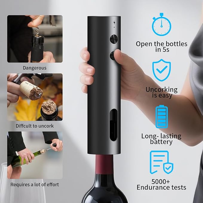 Electric Wine Opener Set Rechargeable with Base, 5-in-1 Wine Bottle Opener Electric Kit Includes Wine Aerator, Foil Cutter & Vacuum Stopper, Automatic Wine Opener for Home, Camping & Gifts