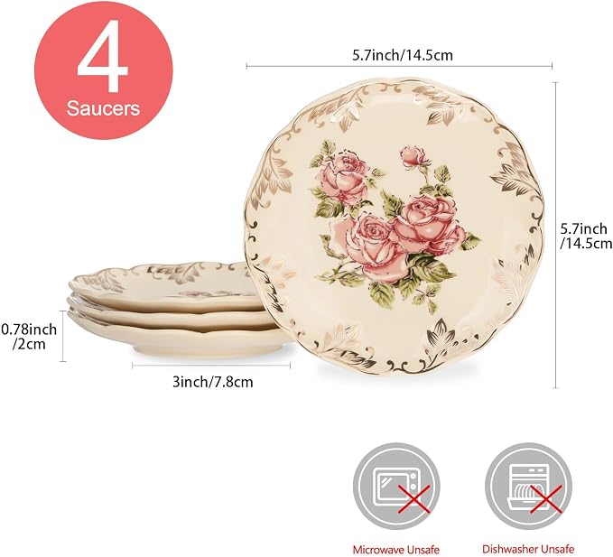 YOLIFE Ivory Vintage Floral Tea Saucers Set of 4, 5.8 inch with Gold Leaves Trim – Beautiful Porcelain Tea Plates for Cups, Ideal for Tea Parties