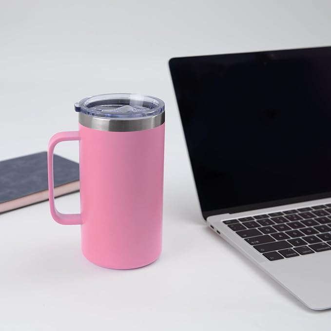 DOMICARE 24oz Mug with Handle and Lid, Stainless Steel Coffee Mug, Travel Mug with Handle, Double Wall Vacuum Coffee Tumbler, Reusable Insulated Cup, Pink, Pack 4