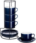 Cappuccino Cups Set of 4, 8oz Stackable Coffee Cups Set with Saucers and Metal Stand, Blue Coffee Mugs and Saucers for Cappuccino, Latte, Americano and Tea