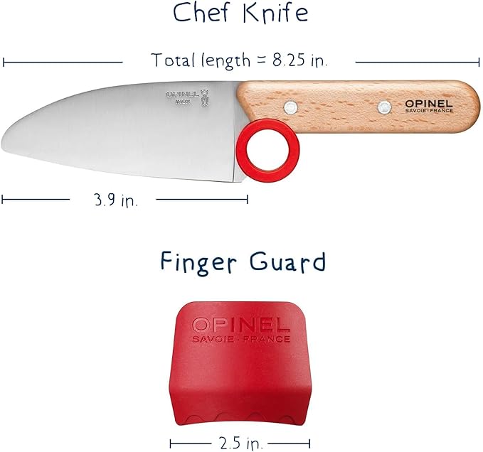 Opinel Le Petit Chef Knife Set, Chef Knife with Rounded Tip, Fingers Guard, For Children, Teaching Food Prep and Kitchen Safety, 2 Piece Set, Made in France