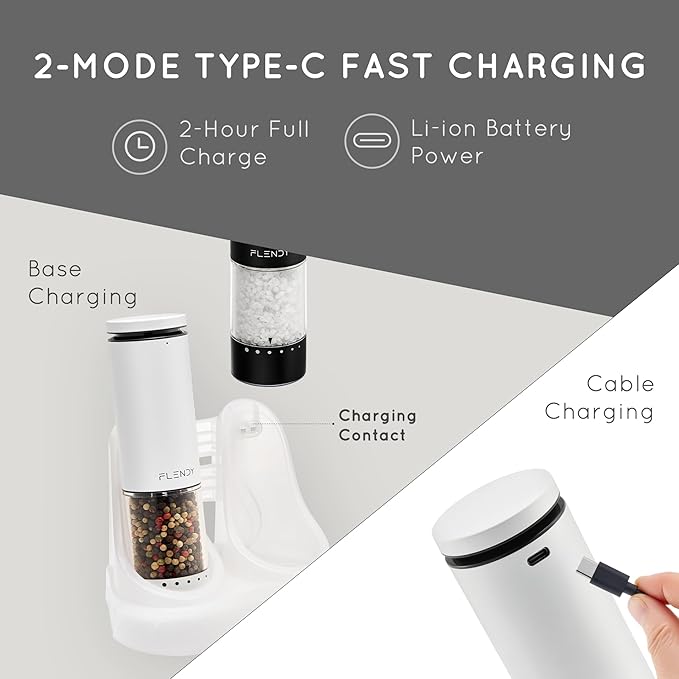 Flendy Electric Salt and Pepper Grinder Set Rechargeable, Automatic Salt and Pepper Grinder Set with Oversized Top Button, Stainless Steel Electric Salt and Pepper Shakers Set