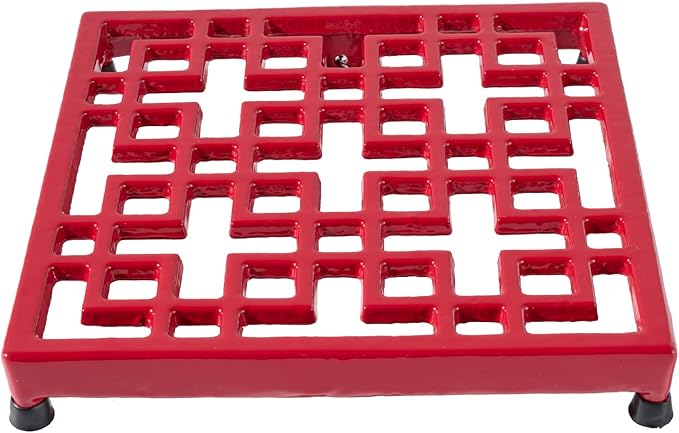 JOGREFUL Cast Iron Trivet Mats, Kitchen Pot Holders to Portect Table/Countertops, Heat Resistant Mats for Teapot/Hot Dishers/Plates, Vintage Mats with Weighted-Base, Grid Red