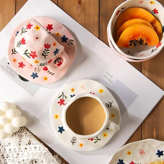 Noviko Flower Coffee Mug Pink Fancy Cup with Saucer Set for Women 10 oz