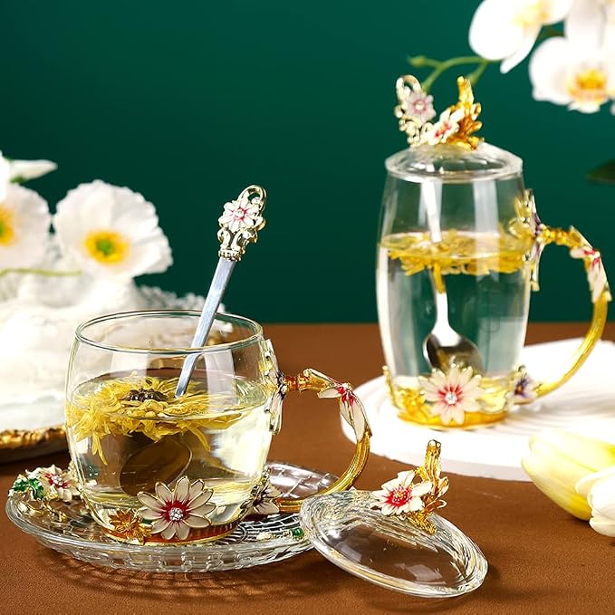 Glass Coffee Mug Christmas Gift Sunflower Daisy Tea Cup with Lid Saucer Mother's Day Birthday Gift for Women Unique(12oz Daisy)