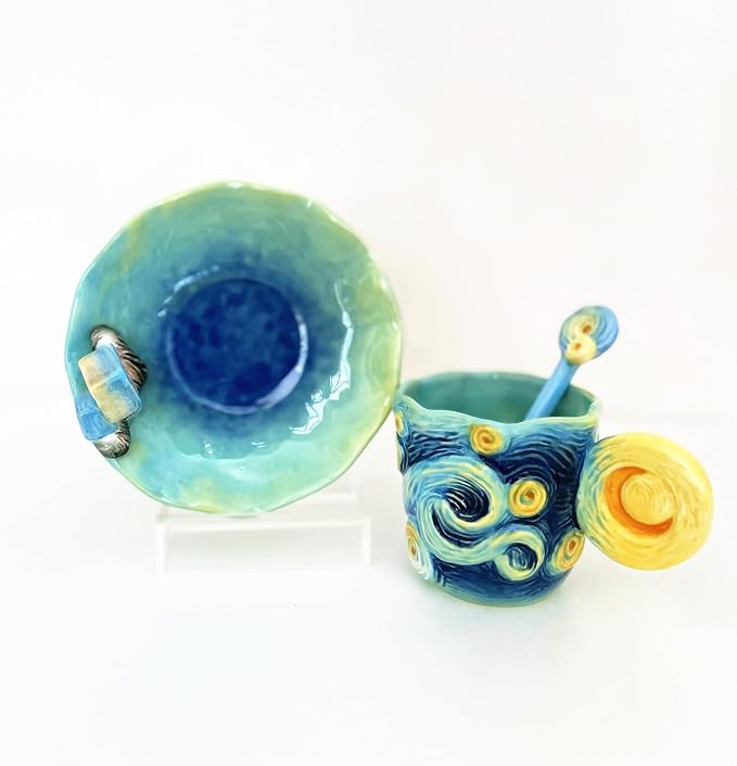 Ceramic Starry Sky Coffee Mug and Saucer set with Spoon,3D Handmade and Hand-painted Tea Mug, 6OZ