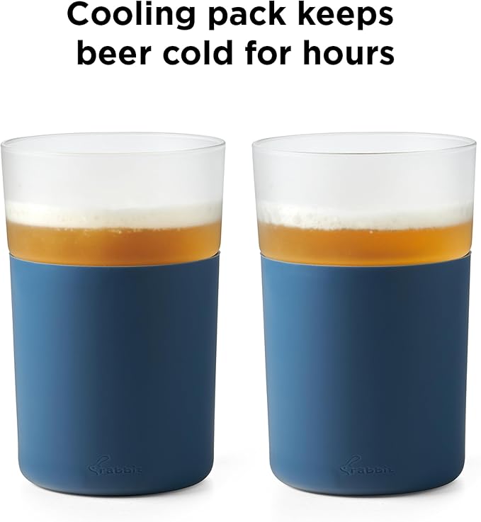 Rabbit Freezable Beer Glass Set of 2 with Cooling Gel Packs and Silicone Sleeves - Slate, Insulated Freezer Beer Glasses That Keep Beer Cold for Hours
