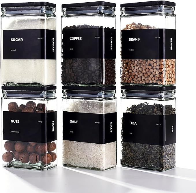 APT 1101 Glass Storage Jars with Bamboo Lid, glass canisters with airtight lids, Clear jars with lids for Spice, Cookie, Candy, Tea, Coffee Bean and Rice (Black, 26 oz, Set of 6)