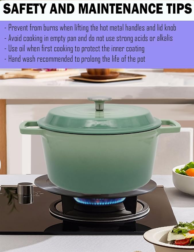 NNWsystems 4.2 Quart Cast Iron Dutch Oven with Lid - Enameled Non-Stick Interior, Oven Safe to 500°F, Multi-Stovetop Compatible - Pine Green