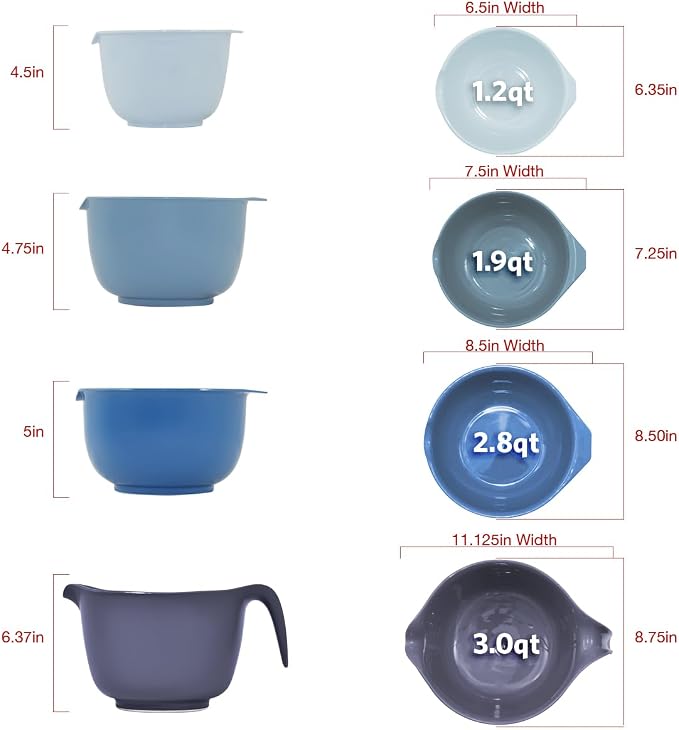 Glad Mixing Bowls with Pour Spout, Set of 4 - Nesting Plastic Bowls (1.2qt, 1.9qt, 2.8qt, and 3qt with Handle) - Non Slip Base, Dishwasher Safe Kitchen Cooking and Baking Supplies, Blue