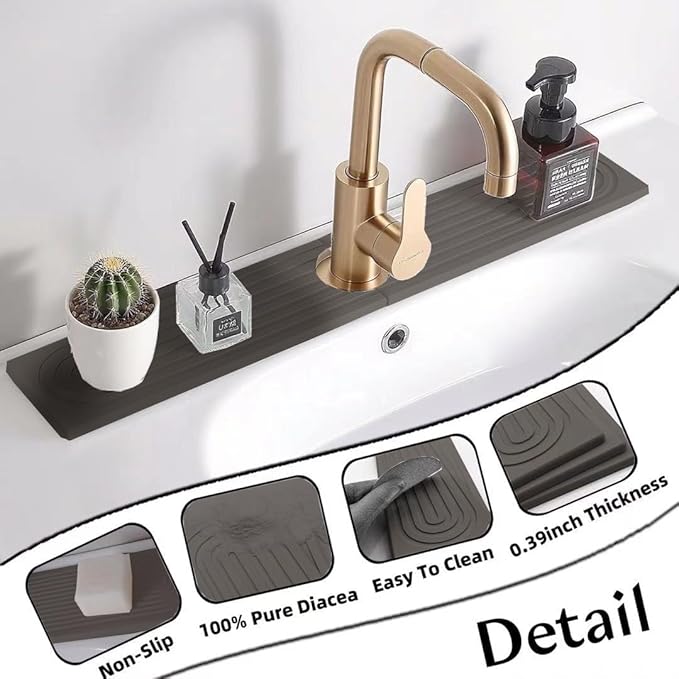 Quick Drying Stone Faucet Mat for Kitchen Sink, 23.6'' Long Diatomite Sink Tray, Faucet Splash Guard for Kitchen,Bathroom Counter, Prevents Moisture, Super Absorbent, White (Dark grey)