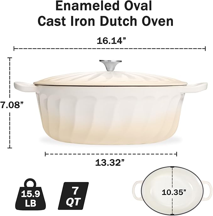 Enameled Dutch Oven Pot with Lid, 7 QT Cast Iron Dutch Oven with Dual Handles, Oval Dutch Oven for Cooking, Bread Baking, Frying, Non-stick Enamel Coated Oven (Caramel White)
