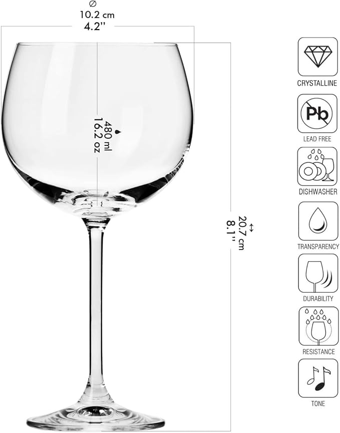 Krosno Gin Balloon & Water Glasses | 6-Piece Set | 16.2 oz | Venezia Collection | Perfect for Home, Restaurants and for Parties and Events | Dishwasher Safe | Lead-Free Crystal Glass