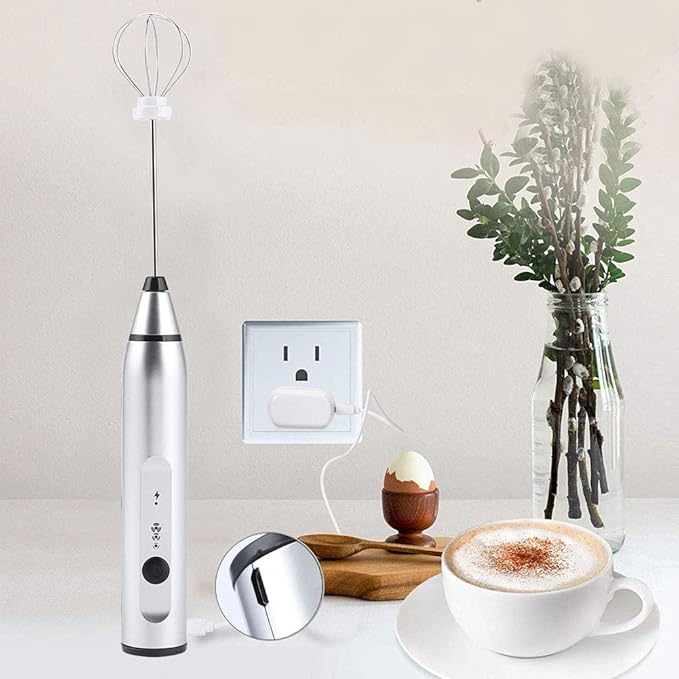 Rechargeable Electric Milk Frother, 3 - Speed Handheld Coffee Mixer with USB Charging, Includes Balloon Whisk for Latte Art, Egg Beating, and Sauce Mixing (Silver)